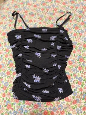 Forever 21 Black Ruched Floral Cami with Lavender Flowers